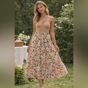 Land of the Free Floral Midi Dress tan with linen top